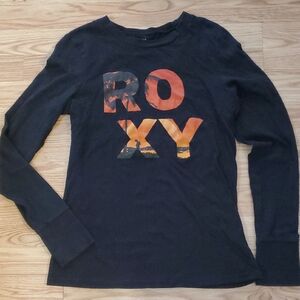 Vintage Y2K Roxy Black Long Sleeve Shirt with Orange Logo With Tropical Scene